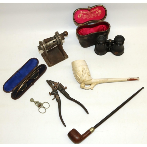 419 - Negretti & Zambra opera glasses in leather case, two pipes including a late c19th 'Present from Skeg... 