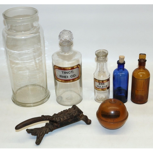 420 - Apothecary/chemist equipment including jars, max. H30cm and a cast iron cork press, a Mauchline ware... 