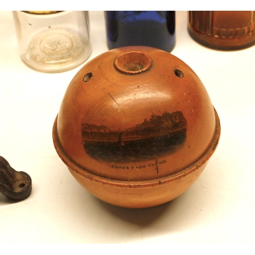 420 - Apothecary/chemist equipment including jars, max. H30cm and a cast iron cork press, a Mauchline ware... 