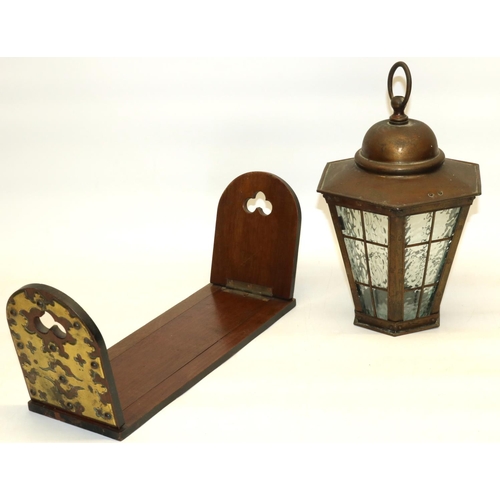 421 - C19th oak book slide with brass detail, L32cm, and a sheet copper cased porch lantern with mottled g... 