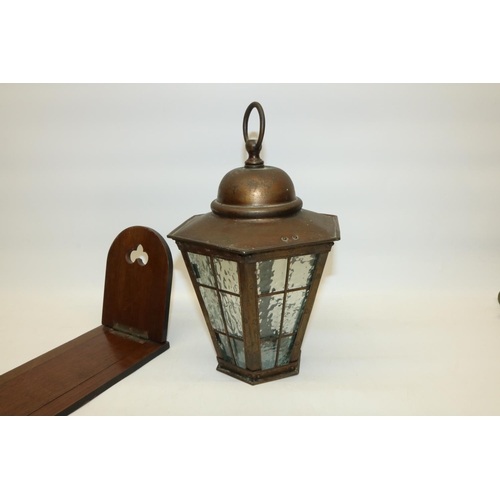 421 - C19th oak book slide with brass detail, L32cm, and a sheet copper cased porch lantern with mottled g... 