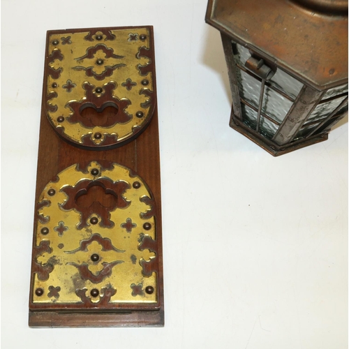 421 - C19th oak book slide with brass detail, L32cm, and a sheet copper cased porch lantern with mottled g... 