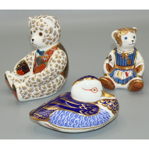 423 - Royal Crown Derby paperweights: seated bear with blue bow tie and blue and red waistcoat, H12cm, Sch... 