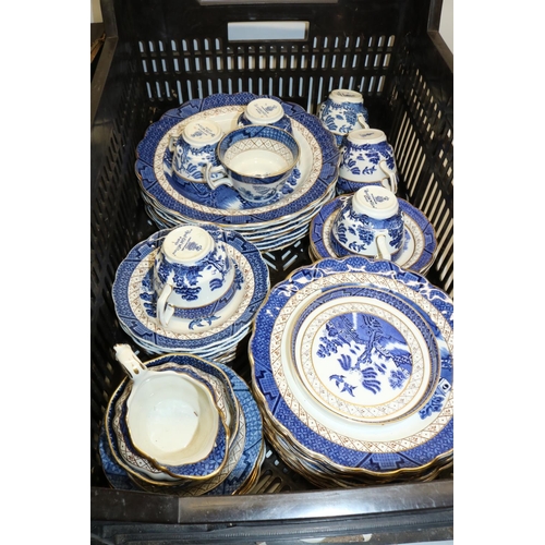 432 - Large collection of blue and white Booths Real Old Willow pattern dinner and tea ware, including cof... 