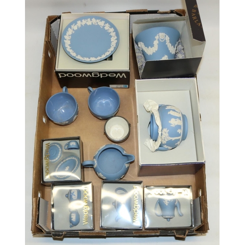 436 - Wedgwood pale blue jasperware: miniature tea ware, comport, H10cm, sugar bowl and cover, Bacchus vas... 