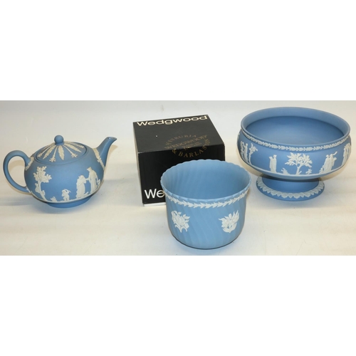 437 - Wedgwood pale blue jasperware: teapot, L22cm, pedestal bowl, H13cm, and cache pot, H11cm (3)