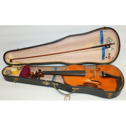 438 - Violin and bow decorated with mother of pearl, cased