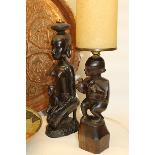 718 - Two mid-late C20th carved wood African figural lamp bases, including one with original shade, max. H... 