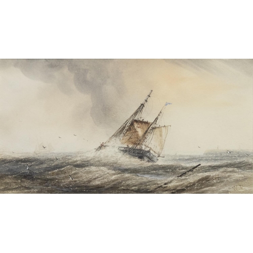 915 - English school (C19th); Twin masted sailing vessel in a heavy swell off the coast, watercolour, sign... 