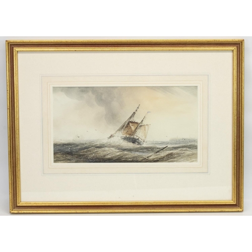 915 - English school (C19th); Twin masted sailing vessel in a heavy swell off the coast, watercolour, sign... 