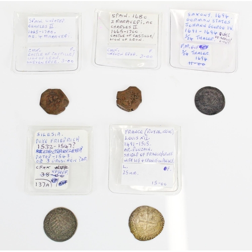 926 - Five European coins incl. Louis XII of France 1491 - 1515 coin, Friedrich Elector of Saxony 1532 - 1... 