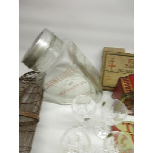 338 - Glass Crawford biscuits jar, GWR jigsaw puzzle, Popeye corkscrew, Edinburgh cut crystal mug, 4 cut c... 