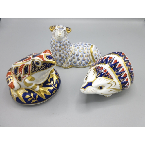 342 - Royal Crown Derby frog, hedgehog and ram paperweights, with gold stoppers, H7.5cm max (3)