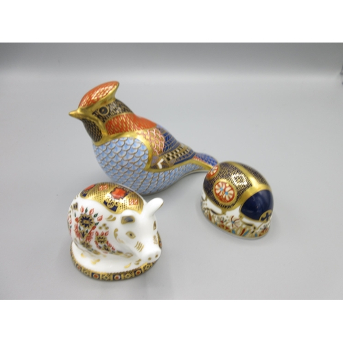 343 - Royal Crown Derby pig, beetle and goldcrest paperweights, silver stoppers, H8cm max (3)