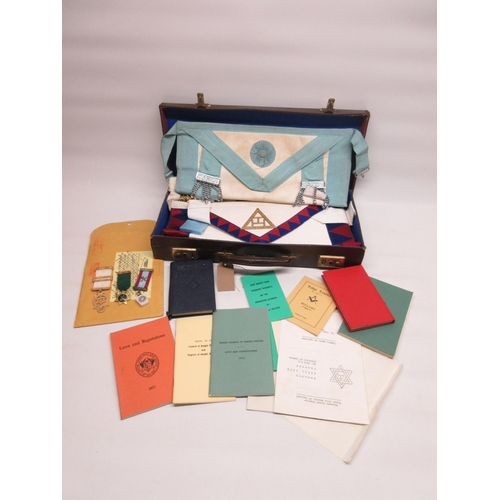 345 - Collection of Zambia Mason chapter aprons, sash, books, paperwork, Mason chapter medal and 2 other m... 