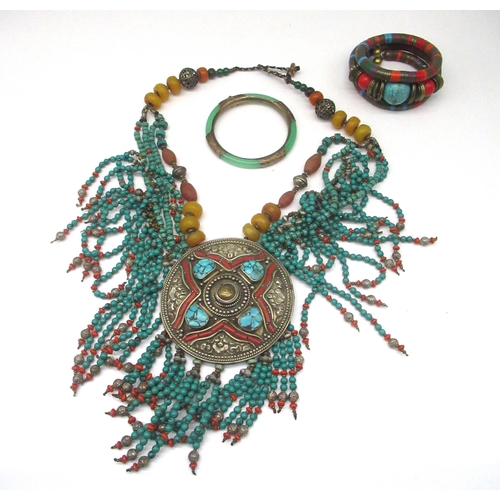 370 - Tibetan white metal necklace set with turquoise and coloured beads, a similar bracelet and a jade ba... 