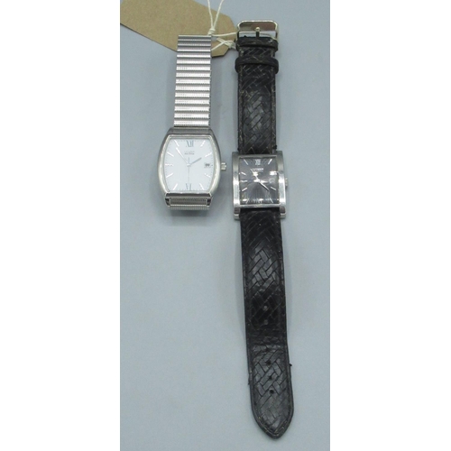 382 - Citizen Eco-Drive wristwatch with date, chrome plated rectangular case, on leather strap and another... 