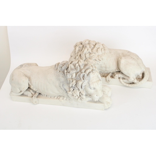 262 - After Canova; pair of cast 'Chatsworth Lions' with W. Wyon Arts and Commerce Promoted on base, L33cm... 