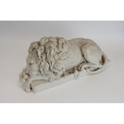 262 - After Canova; pair of cast 'Chatsworth Lions' with W. Wyon Arts and Commerce Promoted on base, L33cm... 