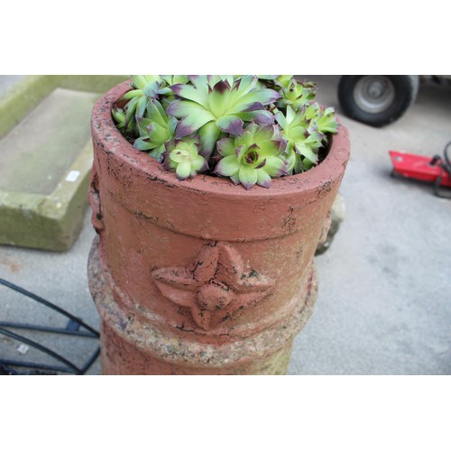 1032 - Cannon shape chimney pot planter with a flower design (planted up) H55cm X 26cm terracotta strawberr... 