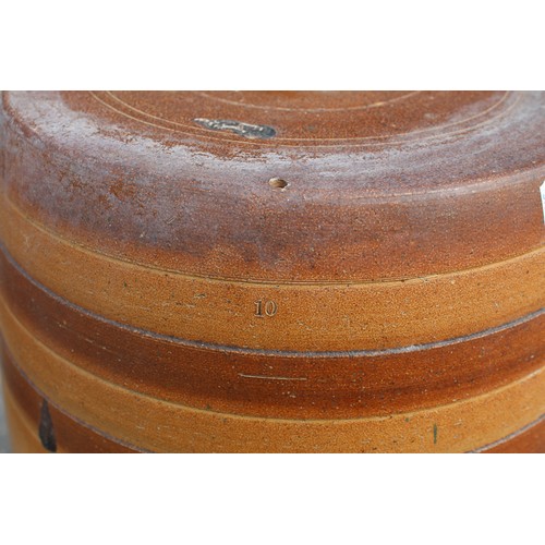 1033 - Large stone glazed 10 gallon cider barrel with tap opening 52cm X 36cm