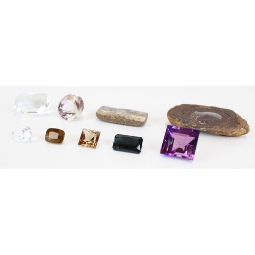 764 - Selection of loose cut gemstones incl. natural baguette cut 20ct amethyst, smoky quartz, tourmaline ... 