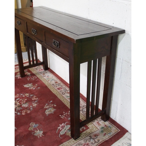 812 - Chinese style hardwood side or serving table, three frieze drawers with brass loop handles on square... 