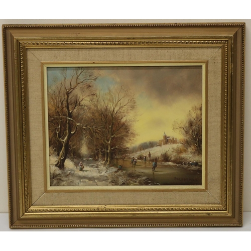 619 - Polderman (Dutch C20th); Figures skating in a Winter landscape, oil on board, signed, 19cm x 24cm