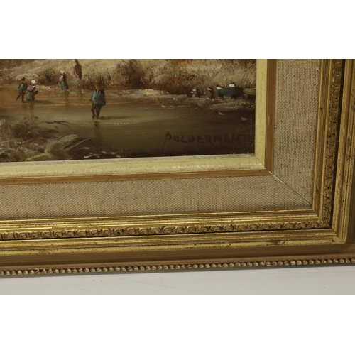 619 - Polderman (Dutch C20th); Figures skating in a Winter landscape, oil on board, signed, 19cm x 24cm