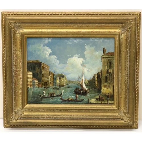 620 - Italian School (C20th); Venetian canal with gondolas, oil on panel, signed with initials K.L, 19cm x... 