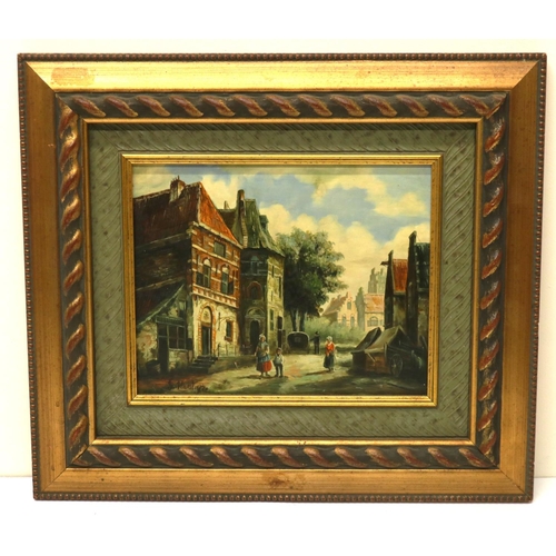 622 - Continental School (C20th); Street Scene with Figures, oil on panel, indistinctly signed, 19cm x 25c... 