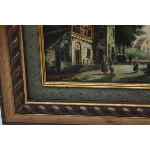 622 - Continental School (C20th); Street Scene with Figures, oil on panel, indistinctly signed, 19cm x 25c... 