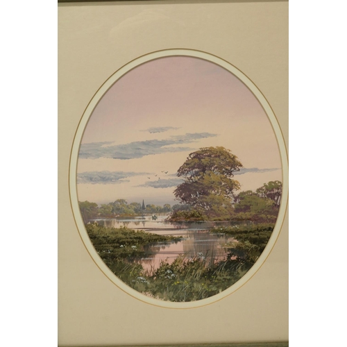 624 - English School (Contemporary); Wooded river landscape with boat and Cathedral, gouache, oval, indist... 