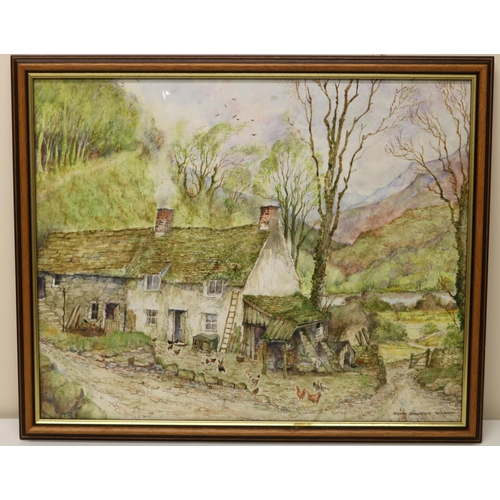 626 - John Brunton Wilson (Contemporary); Stone farm Cottage with Hens, in a Dales landscape, watercolour,... 