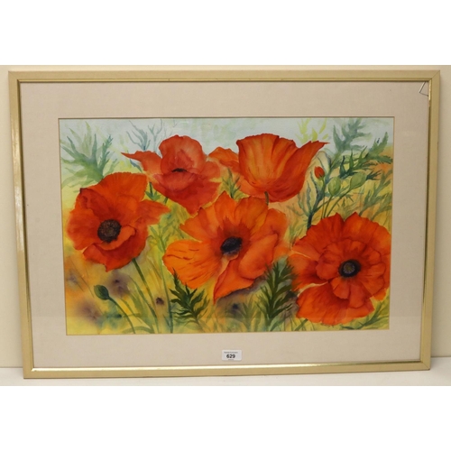 629 - Ann Buckley (British Contemporary); Poppies, watercolour, signed, with artist's label verso, 40xm x ... 