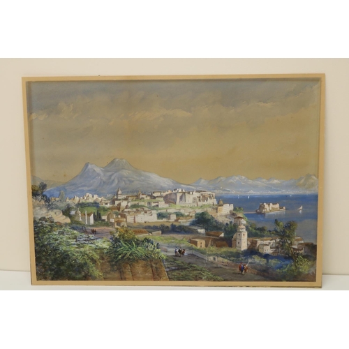 643 - Continental School (C19th); 'Bay of Naples' extensive view with figures on a pathway, watercolour he... 