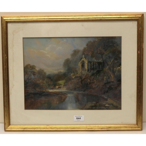 644 - W. Linsly (British C19th); Cattle watering by a ruined Abbey in a wooded landscape, oils on card, si... 