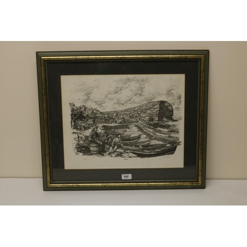 649 - After Ian Croden (British (C20th); 'Staithes' ltd.ed monochrome print 80/500, with Captain Cook Trus... 