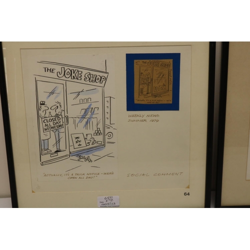 650 - Original Artwork for two 1979-80 Sun Social Comment cartoons 'The Joke Shop & We're Lost' with paper... 