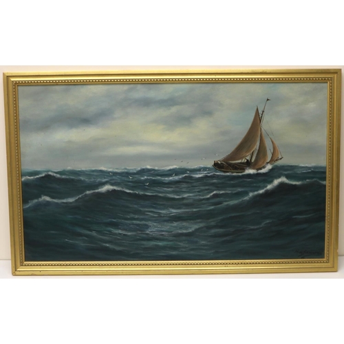 654 - H. L Braunston (British C20th); Fishing boat in a heavy swell, oil on board, signed 43cm x 75cm