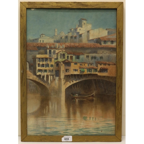 655 - Continental School (20th); Continental river scene with a boat passing under a stone bridge, waterco... 