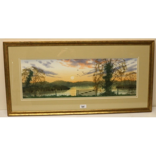 609 - Douglas Haddow (British C20th): Lake scene at Sunset, watercolour, signed, 22cm x 67cm