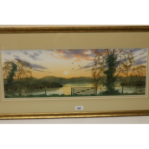 609 - Douglas Haddow (British C20th): Lake scene at Sunset, watercolour, signed, 22cm x 67cm