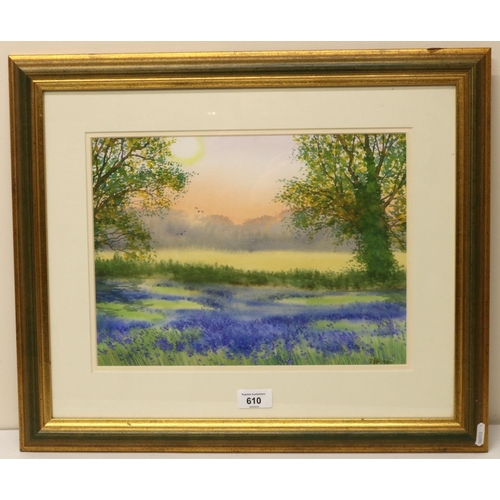 610 - Douglas Haddow (British C20th): Wild flower meadow at Sunset, watercolour, signed, 25cm x 34cm