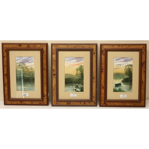 611 - Douglas Haddow (British C20th): Geese over river landscapes, set of three watercolours, signed, 20cm... 