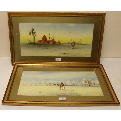 614 - H.A Lintor (British C20th); 'Cairo and Caliphs Tombs' pair of water colours, signed and titled, 23cm... 