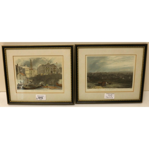 615 - Two colour prints of Old Leeds, 'Entrance to Briggate and Leads' in Hogarth frames, 14cm x 18cm (2)