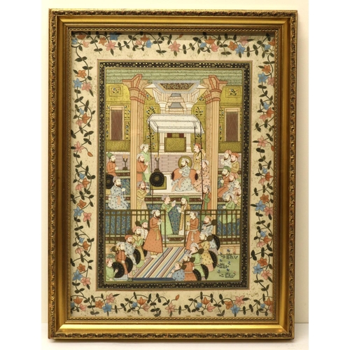 636 - Indian School (Contemporary); Kneeling figures in a Temple interior, watercolour on silk in a repeat... 