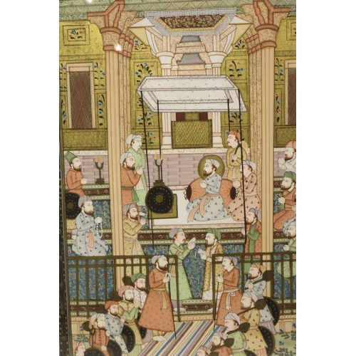 636 - Indian School (Contemporary); Kneeling figures in a Temple interior, watercolour on silk in a repeat... 