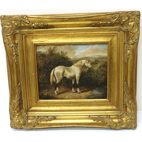 637 - British School (Contemporary); Study of a grey Hunter in an extensive landscape, oil on panel, 19cm ... 